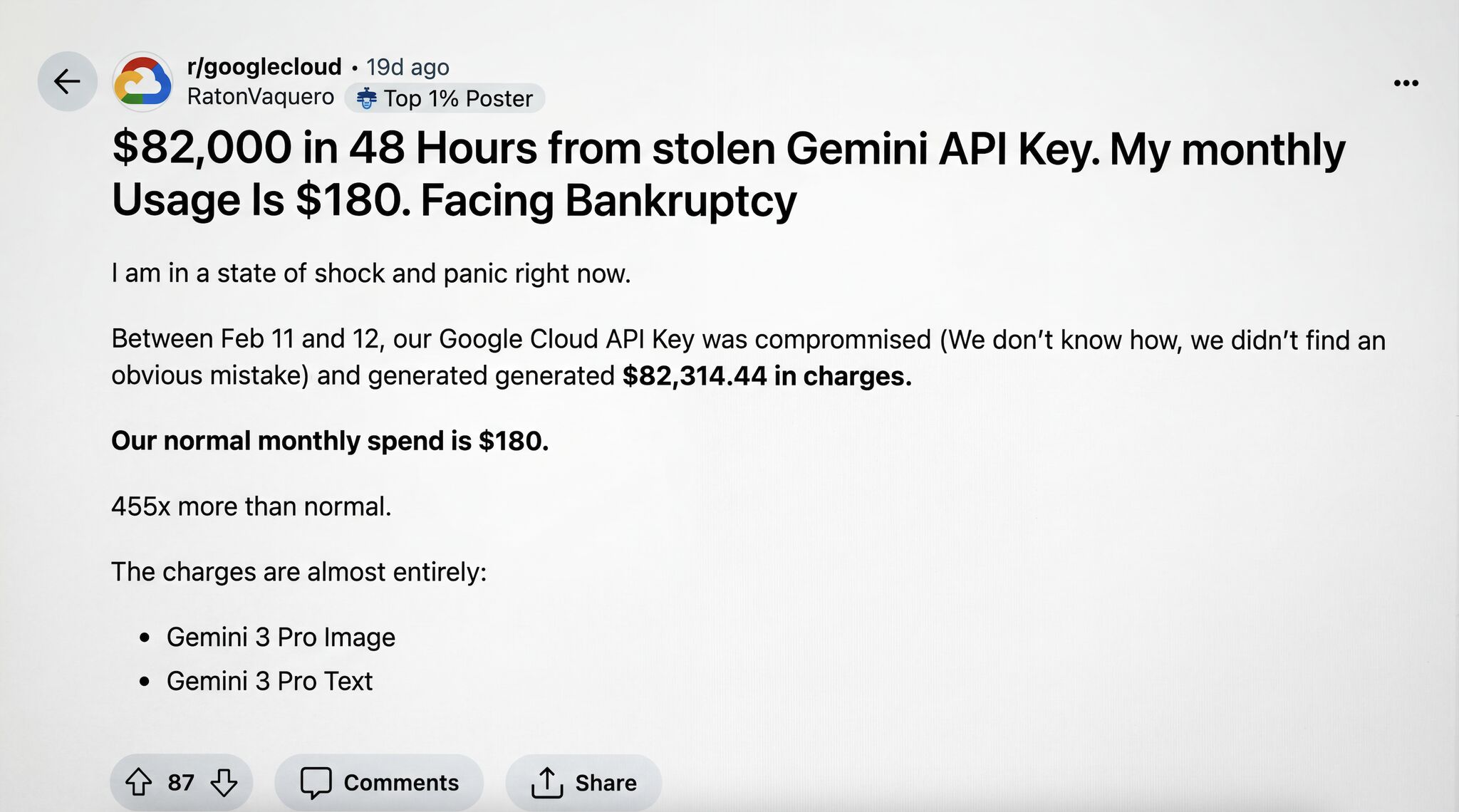 Reddit post: $82,000 in 48 Hours from stolen Gemini API Key